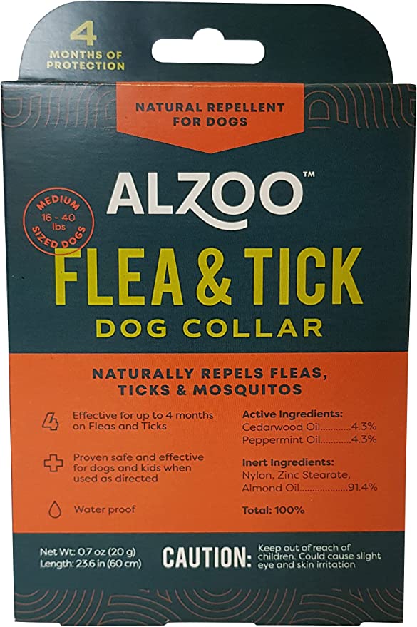 ALZOO Natural Repellent Diffusing Dog Collar naturally repels fleas, ticks, and mosquitos