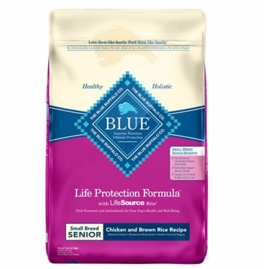 Bag of Blue Buffalo senior dog food formula