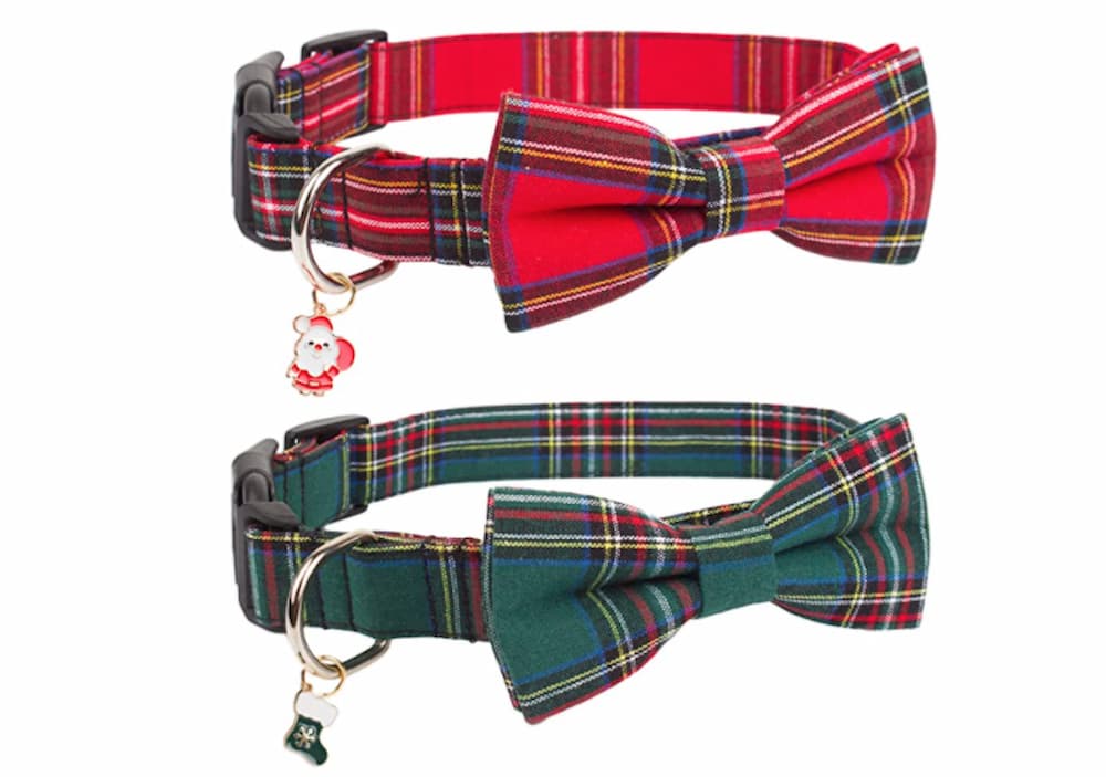 Christmas Dog Collar with Bow, Adjustable Christmas Plaid Dog Collars