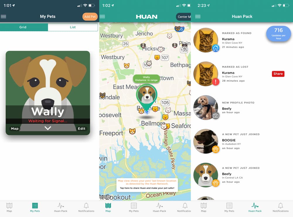 Screengrabs of Huan smart pet tracker in action