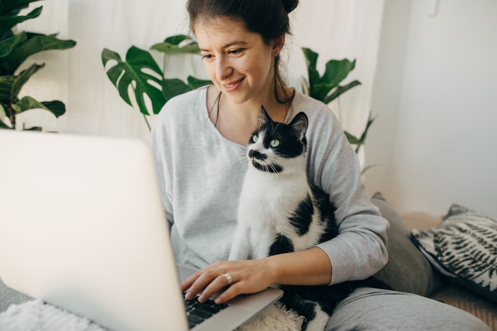 Owner holding cat looking at cat joint supplement products on her laptop