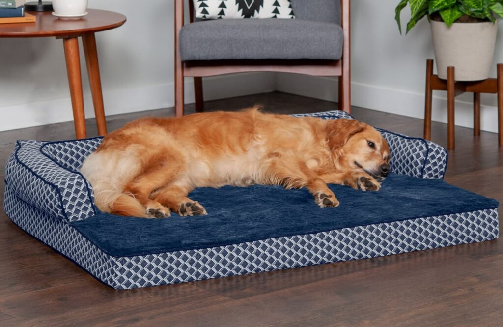 Dog laying down on lovely blue memory foam dog bed
