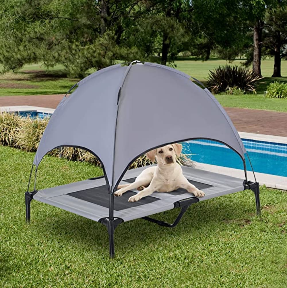 Dog laying in outdoor cooling pet bed with UV protection