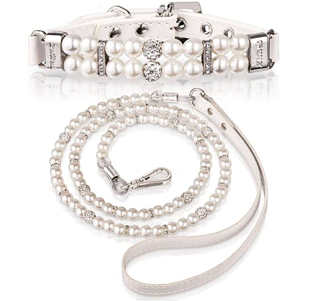 Whaline Dog Pearl Collar with Hailing Cable Crystal Rhinestones