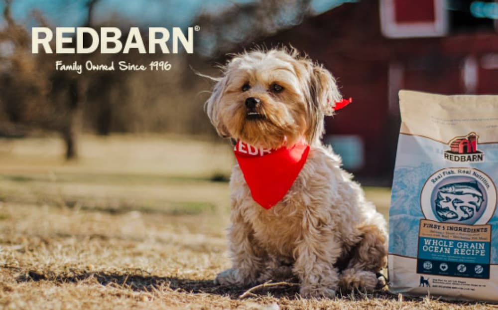 Happy dog sitting with bag of Redbarn dog food