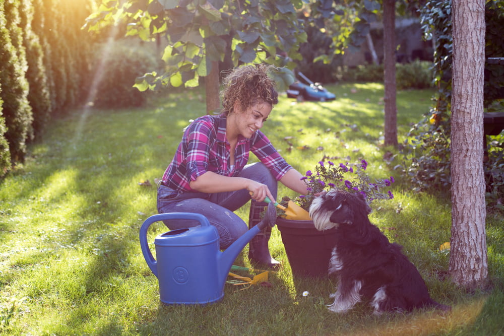 Woman in garden with dog