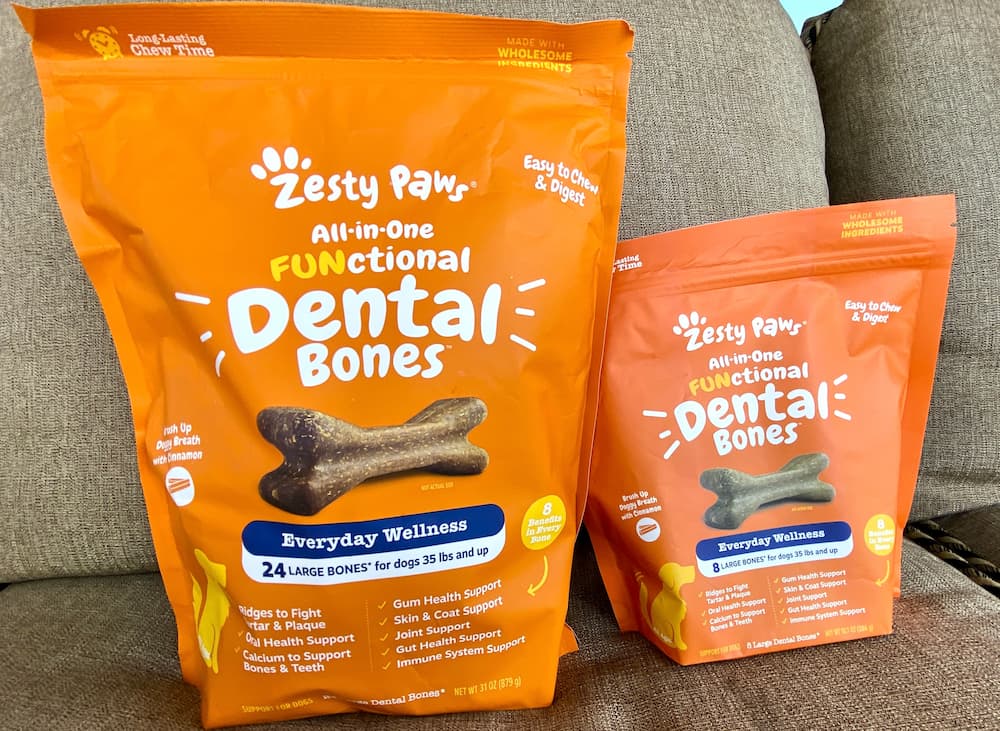 Two bags of Zesty Paws all-in-one functional dental bones