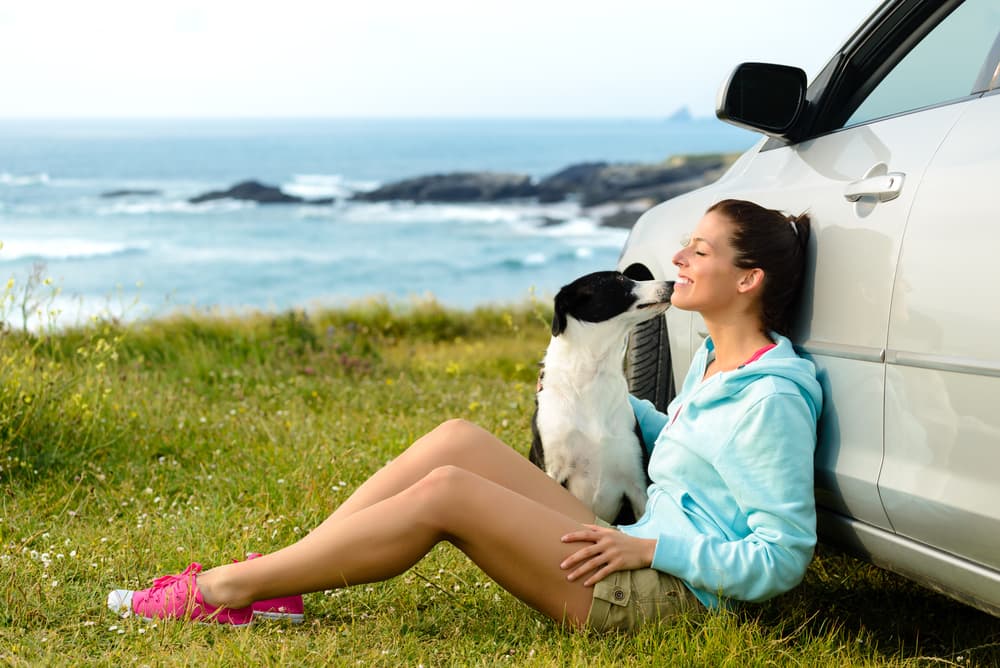 Woman enjoying a road trip with her dog