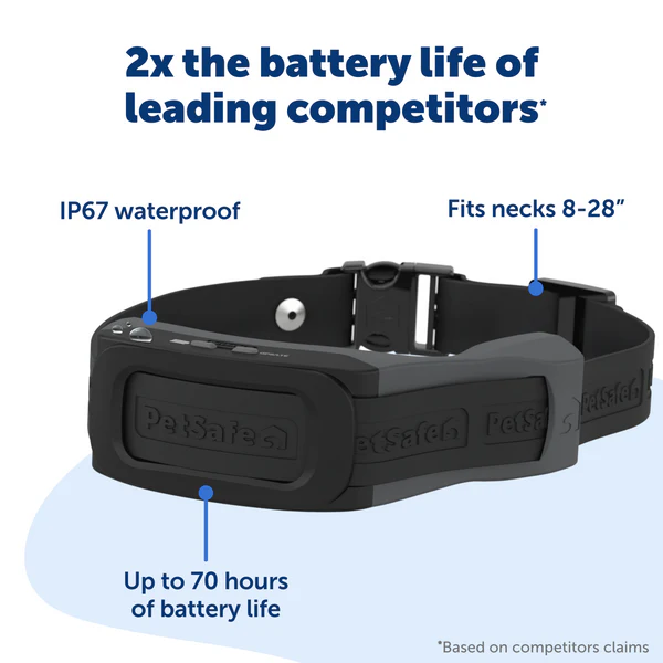 up close image of PetSafe Guardian 2.0 GPS collar with callouts about battery life and sizing/fit
