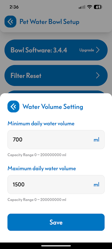Screenshot of the Always Full app settings for Minimum and Maximum daily water volume in milliliters.