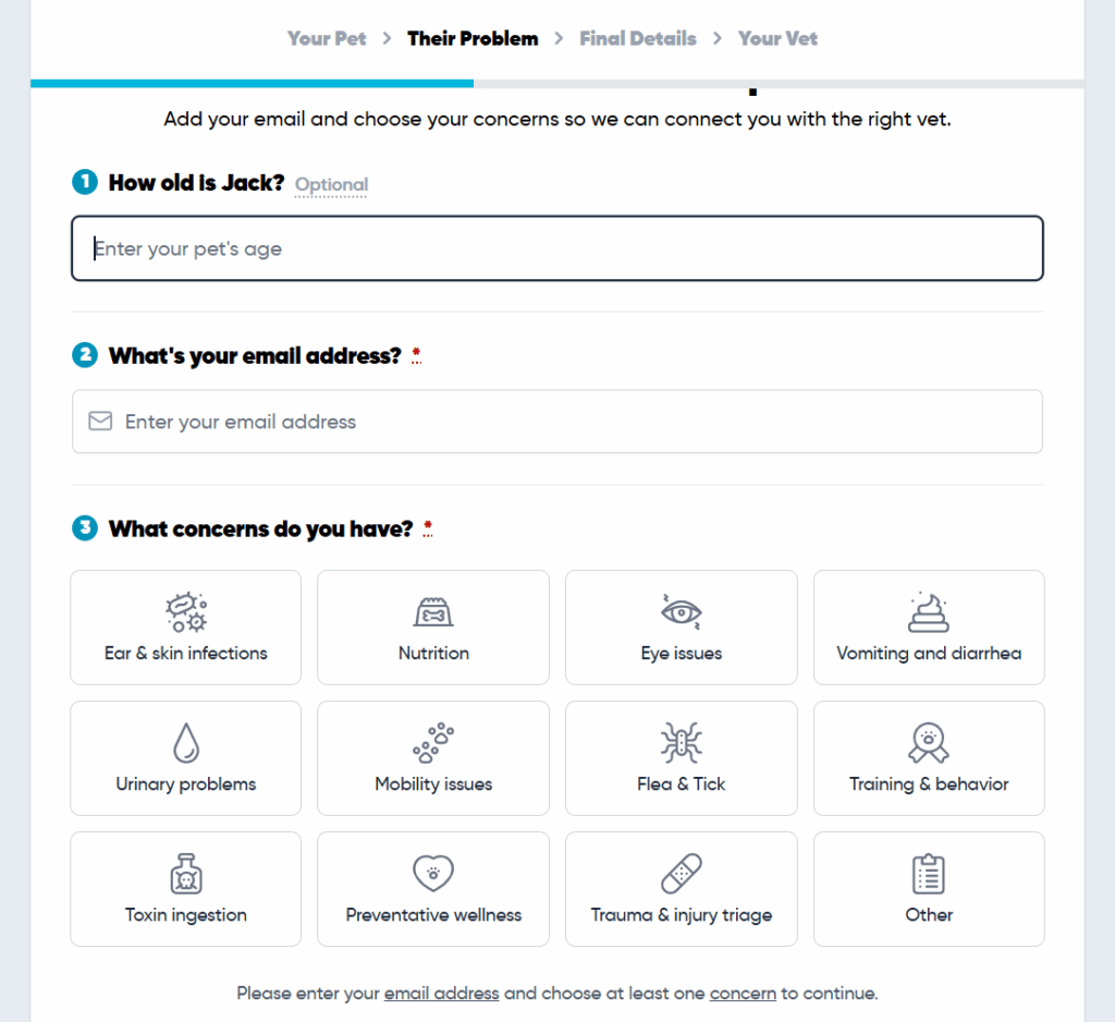 A tela do processo de reserva do PangoVet para questões de saúde de animais de estimação.