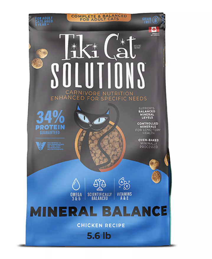 Tiki Cat Solutions Mineral Balance dry food bag for feline urinary health.