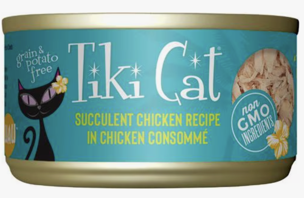 Tiki Cat Luau Succulent Chicken Recipe in Chicken Consommé wet cat food can.