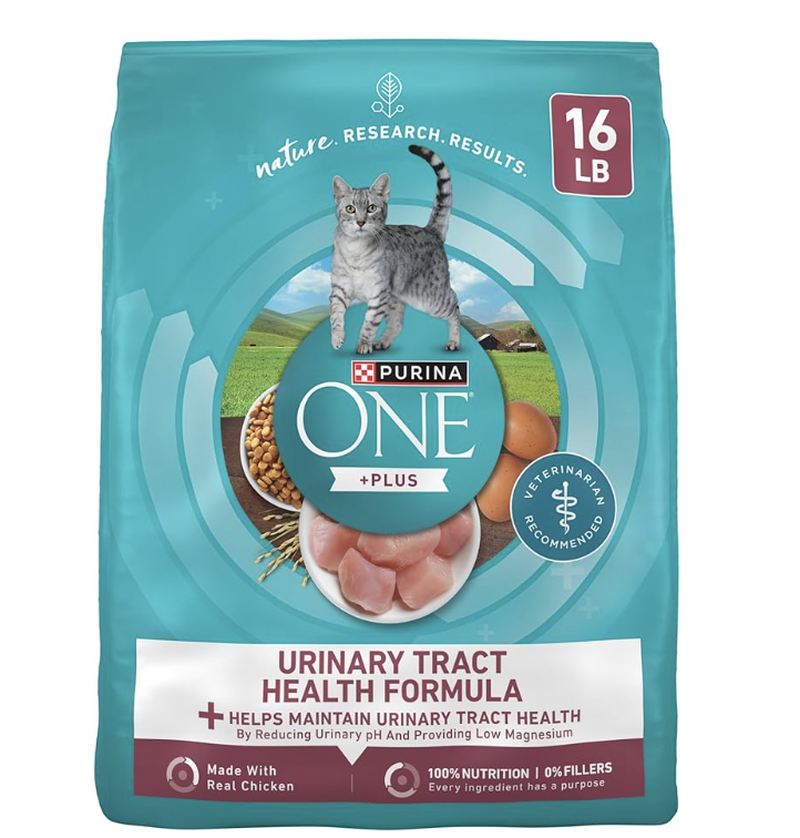 Purina ONE +Plus Urinary Tract Health Formula dry cat food bag with chicken.