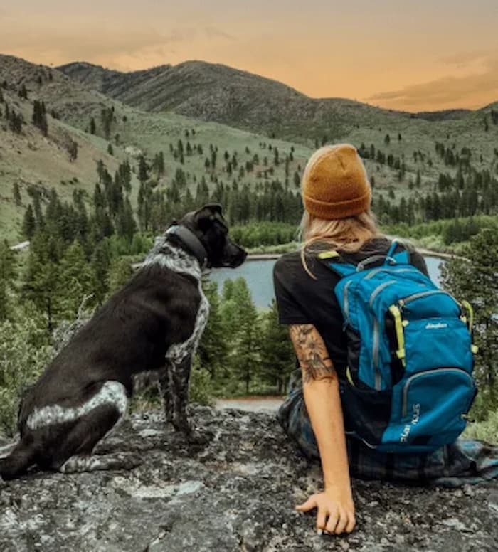 Woman and dog on top of mountain