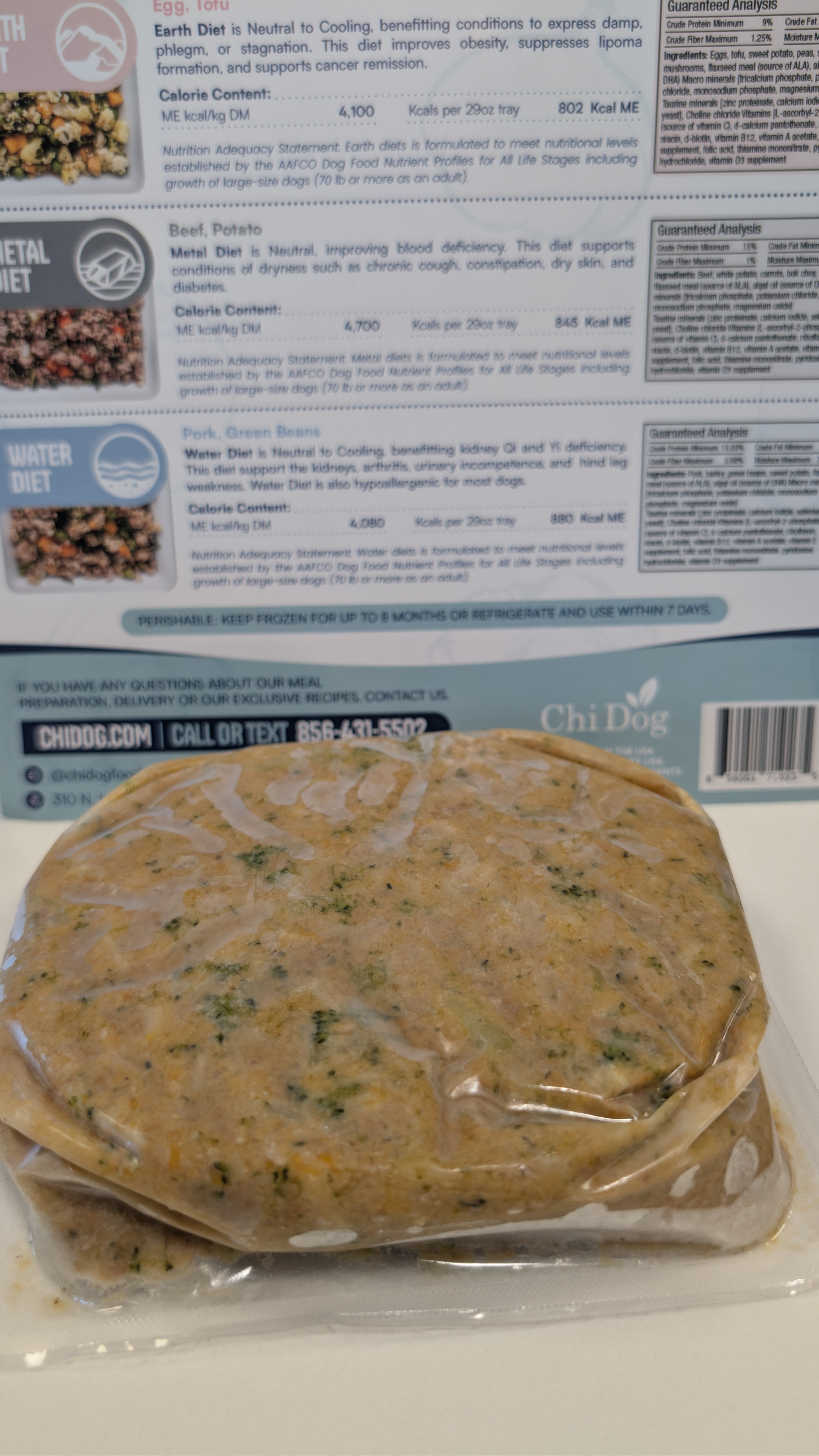 Chi Dog meal tray back label showing AAFCO statement, calorie content, and TCVM positioning