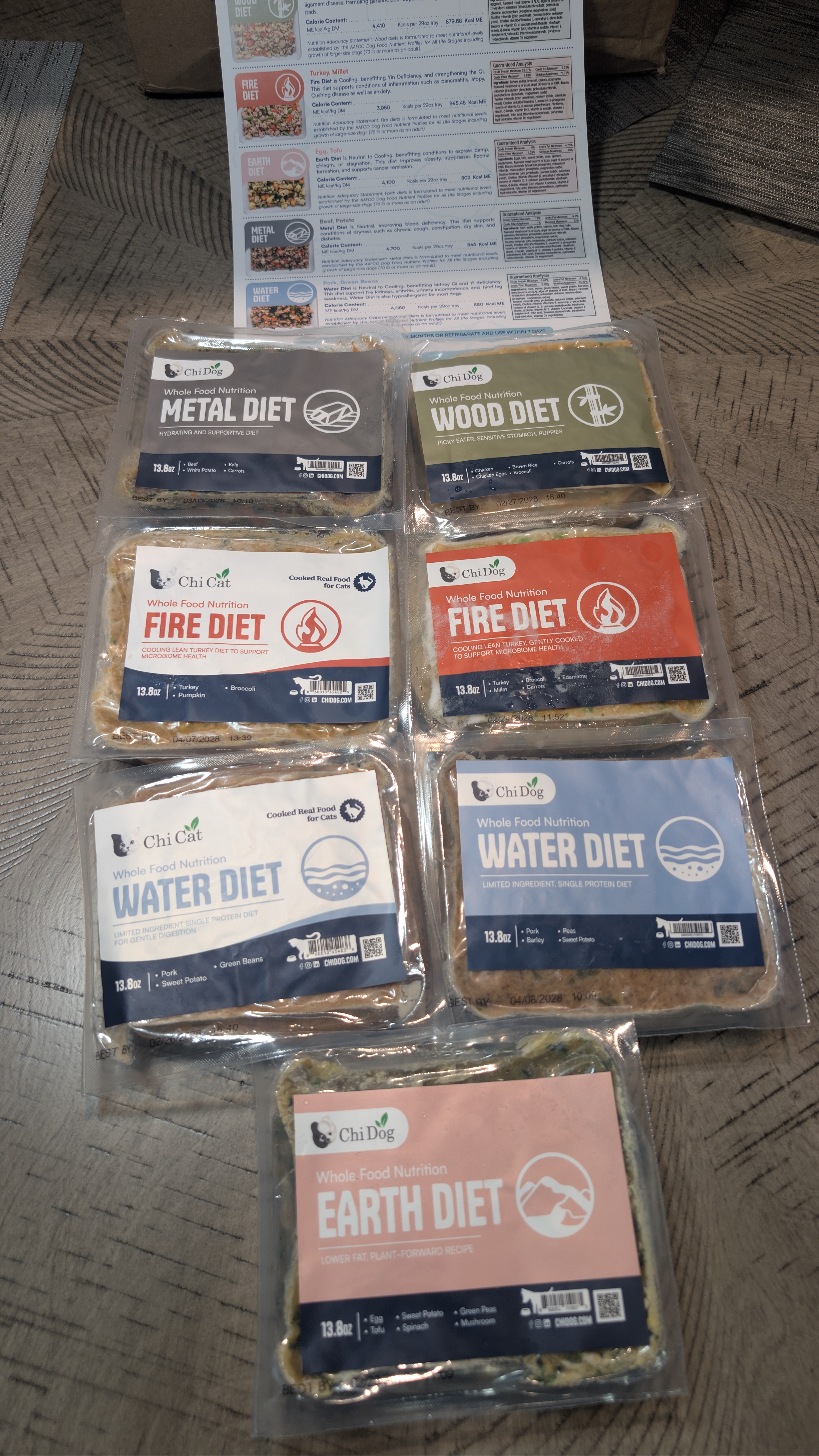 Seven frozen Chi Dog and Chi Cat meal trays - Fire, Earth, Metal, Water, and Wood diets arranged on a wood surface