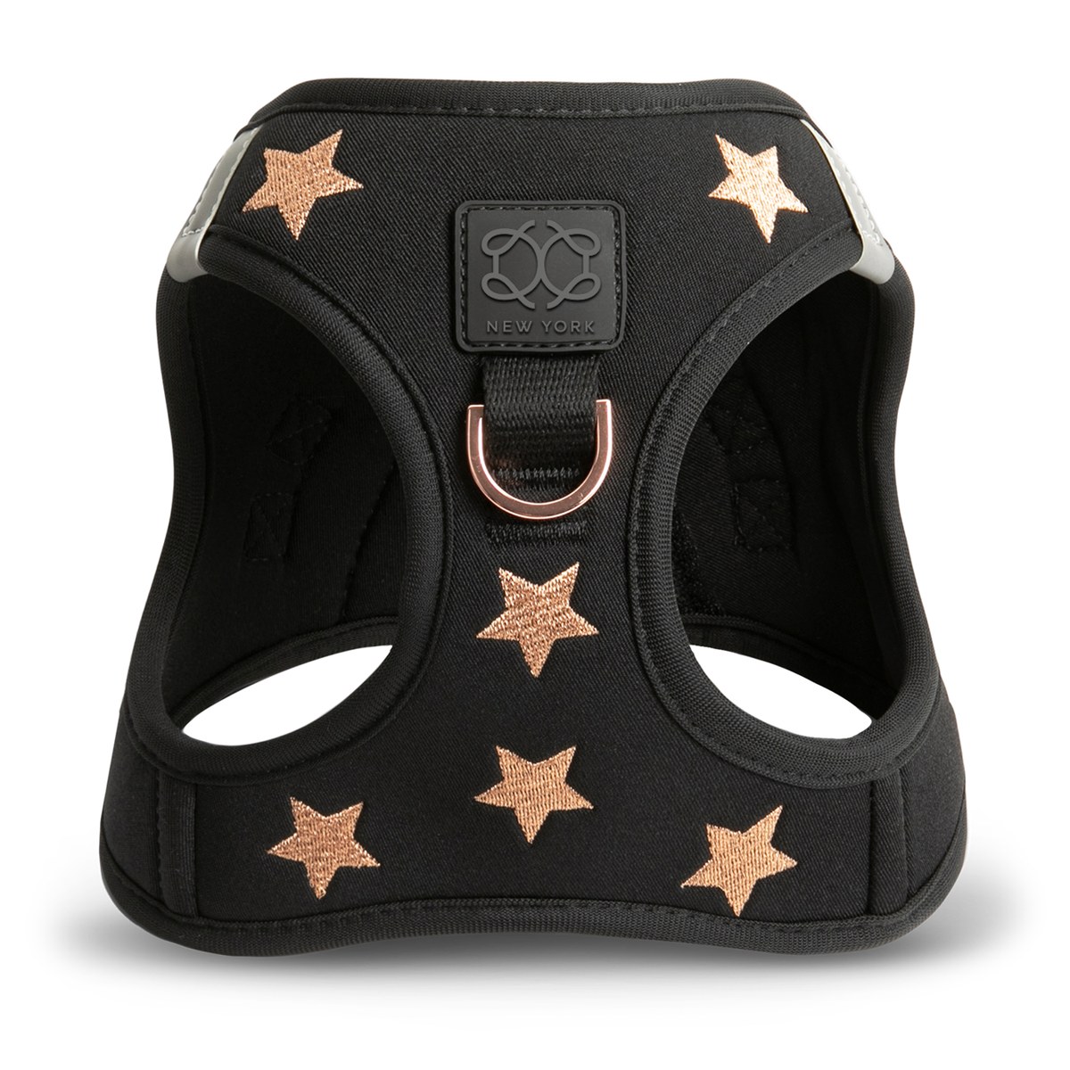 Front view of the DOGISTRY SoHo Rockstar harness showing the front D-ring and rose gold hardware