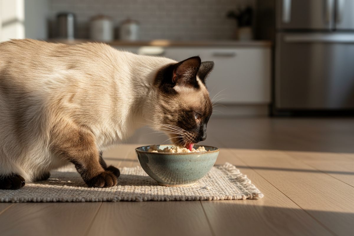 Seal-point Siamese cat eating therapeutic food from a bowl on a kitchen mat