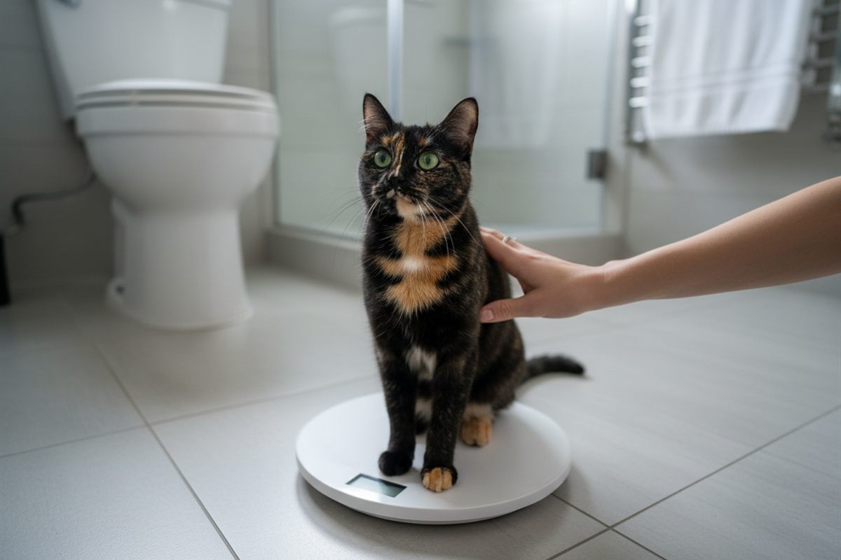 Tortoiseshell cat standing on a pet weighing scale as an owner steadies it