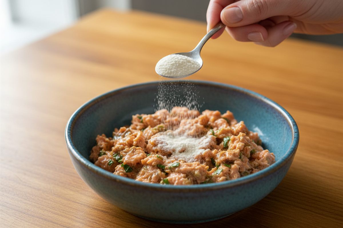 Hand spooning probiotic powder over a bowl of wet cat food