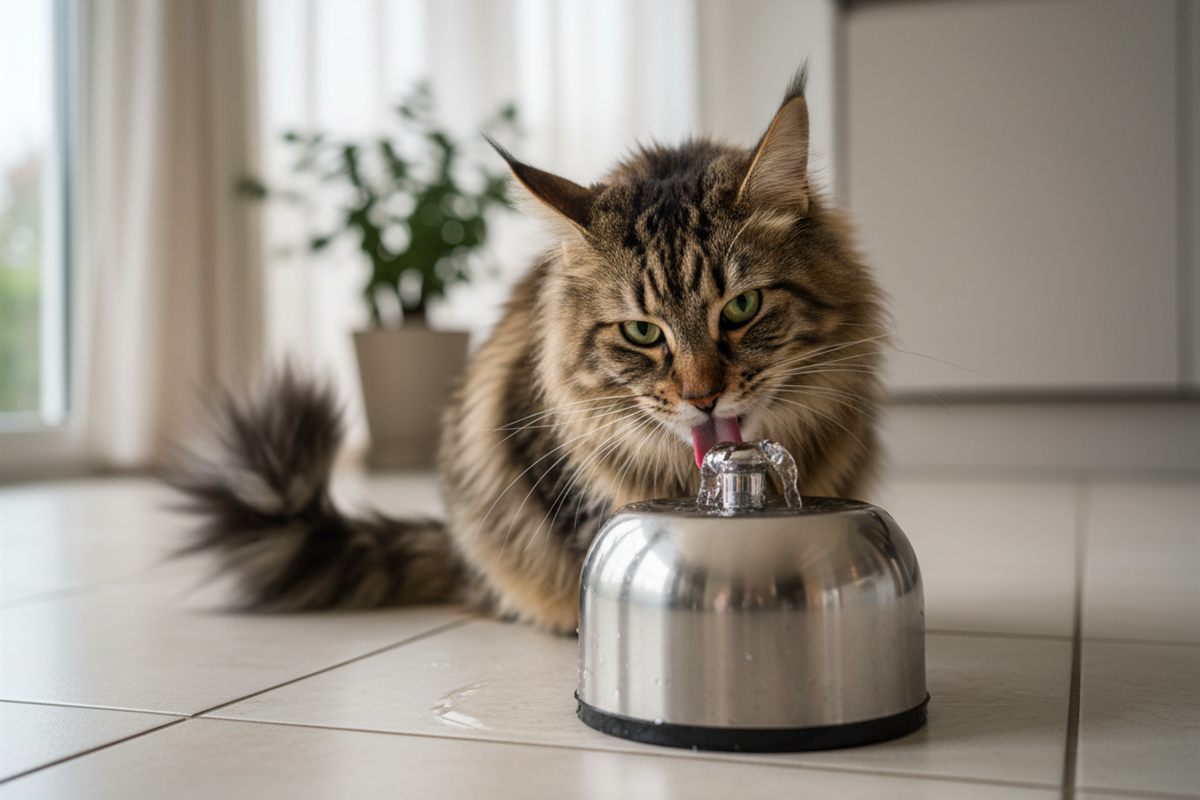 Maine Coon cat drinking from a stainless steel pet water fountain