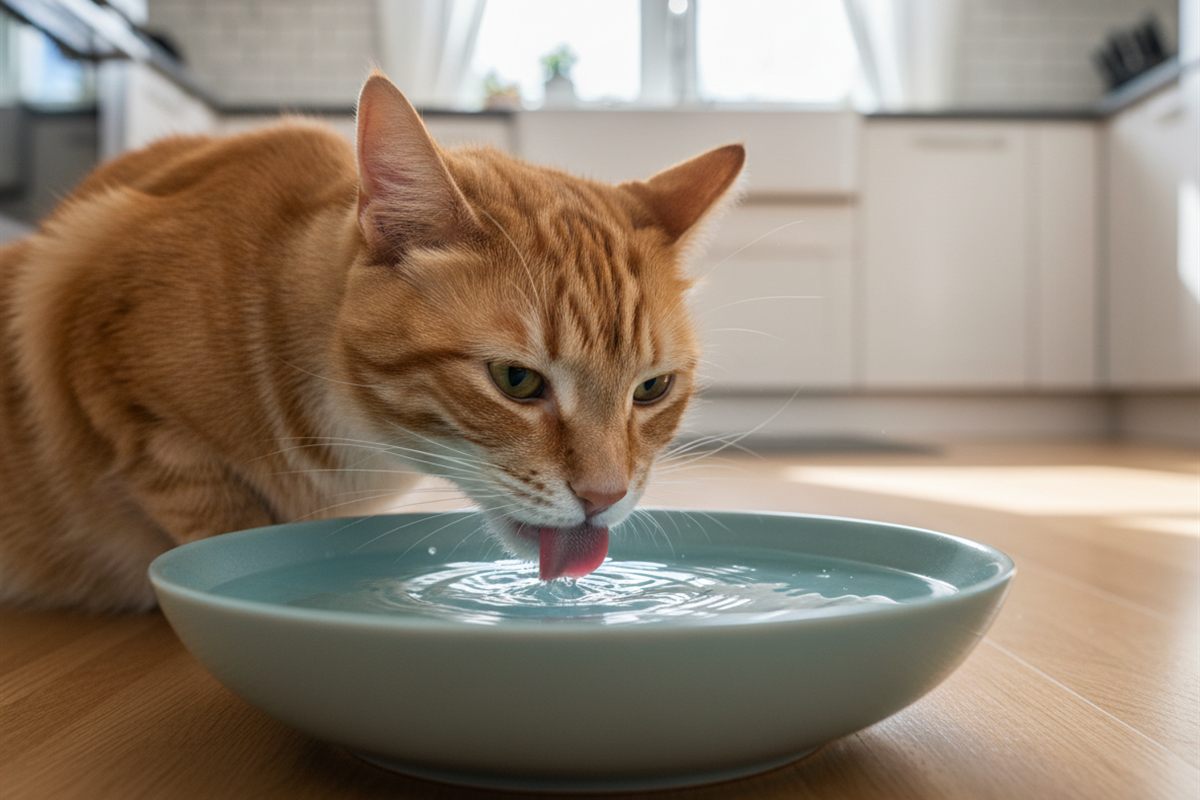 Orange tabby cat drinking water from a wide ceramic bowl