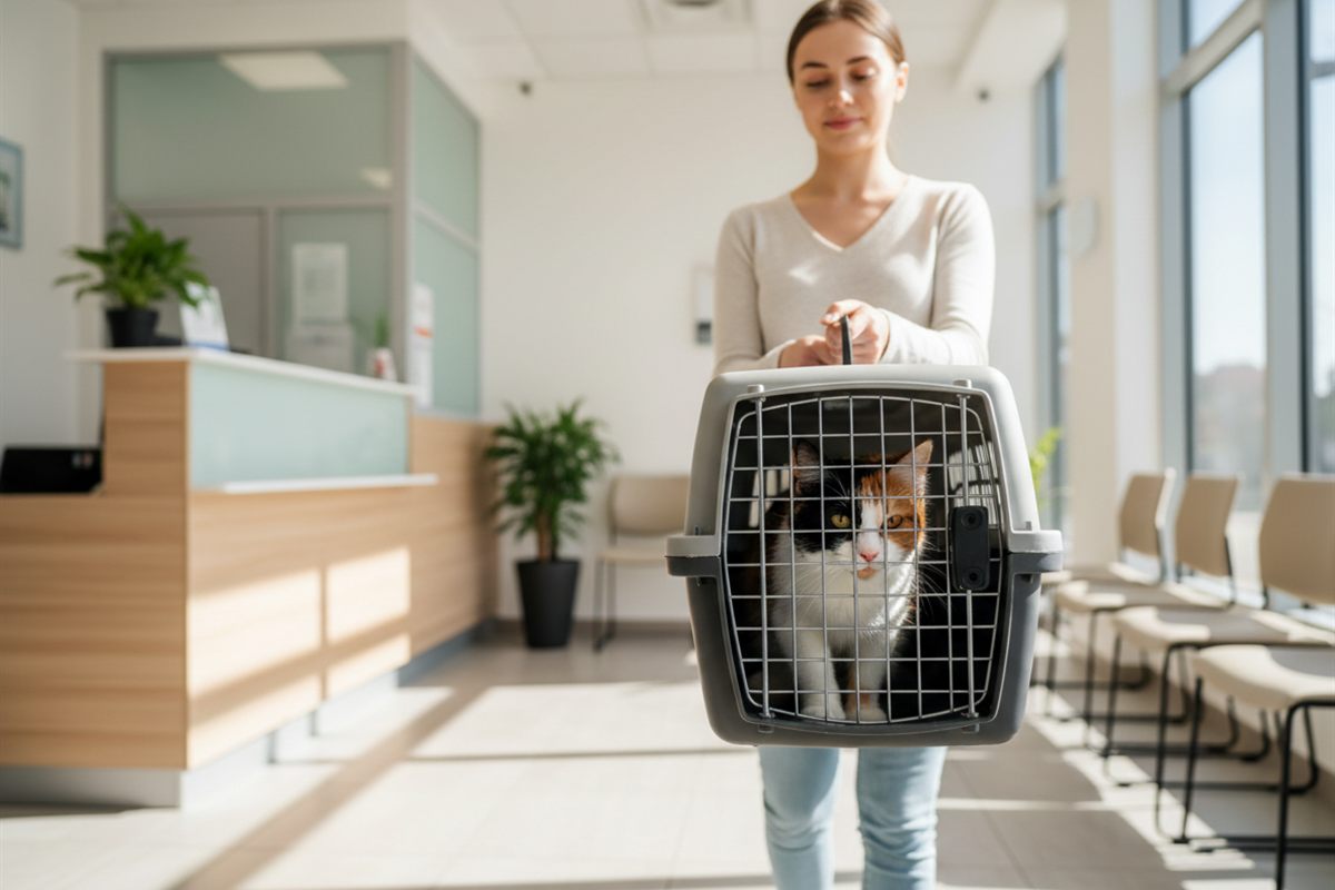 Owner carrying a calico cat in a carrier into a veterinary clinic reception