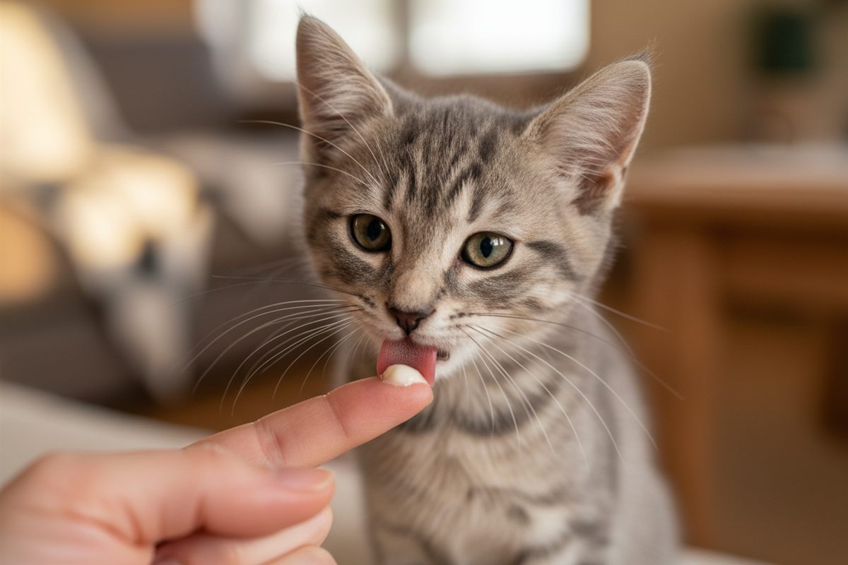 Gray tabby kitten licking probiotic paste from an owner's fingertip