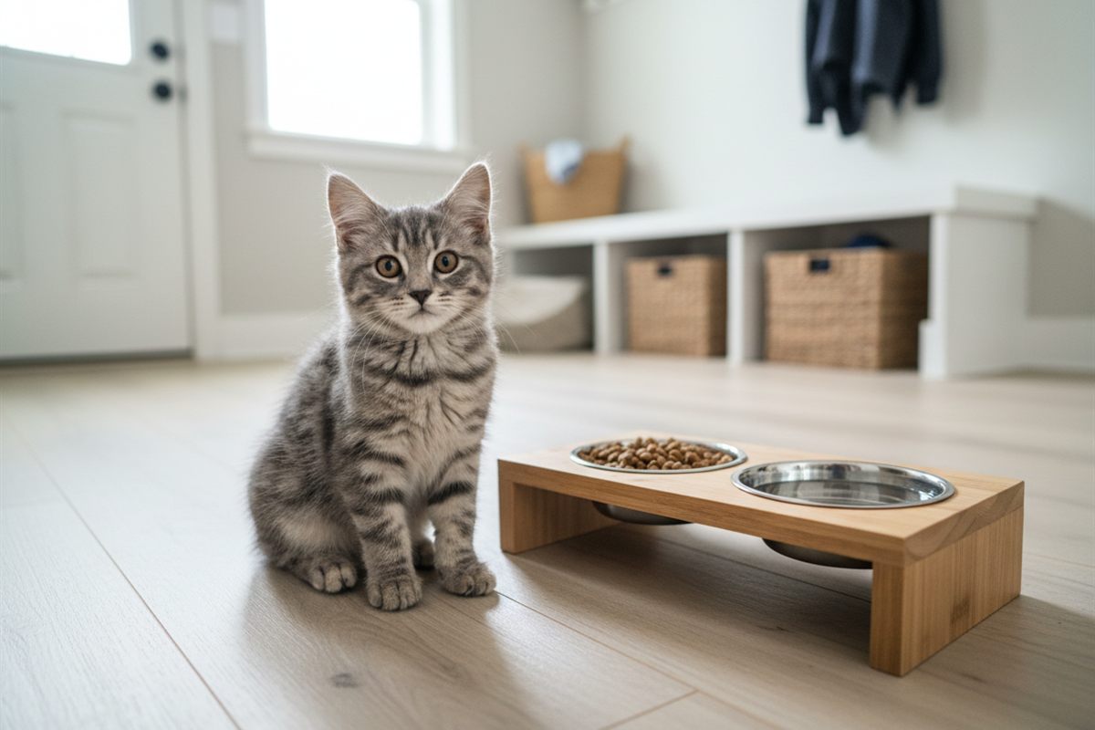 Gray tabby kitten beside a raised feeding station with food and water bowls