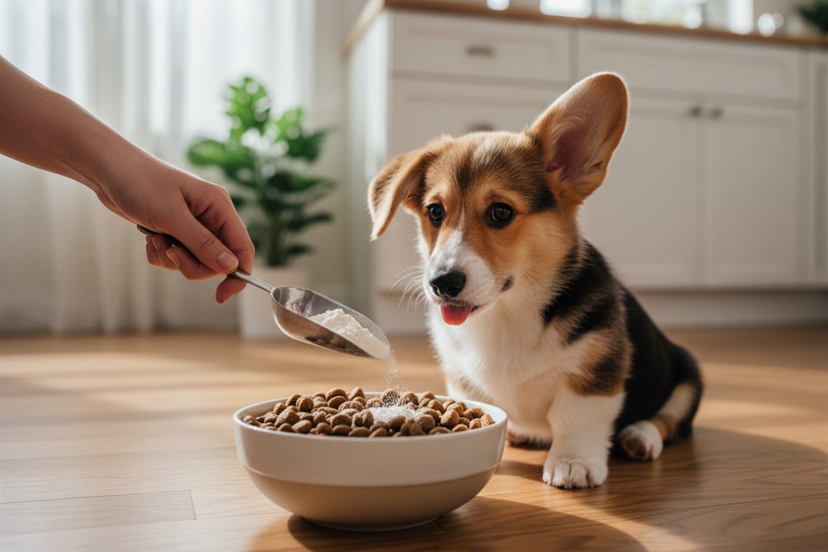 Corgi puppy watching an owner mix probiotic powder into a bowl of kibble