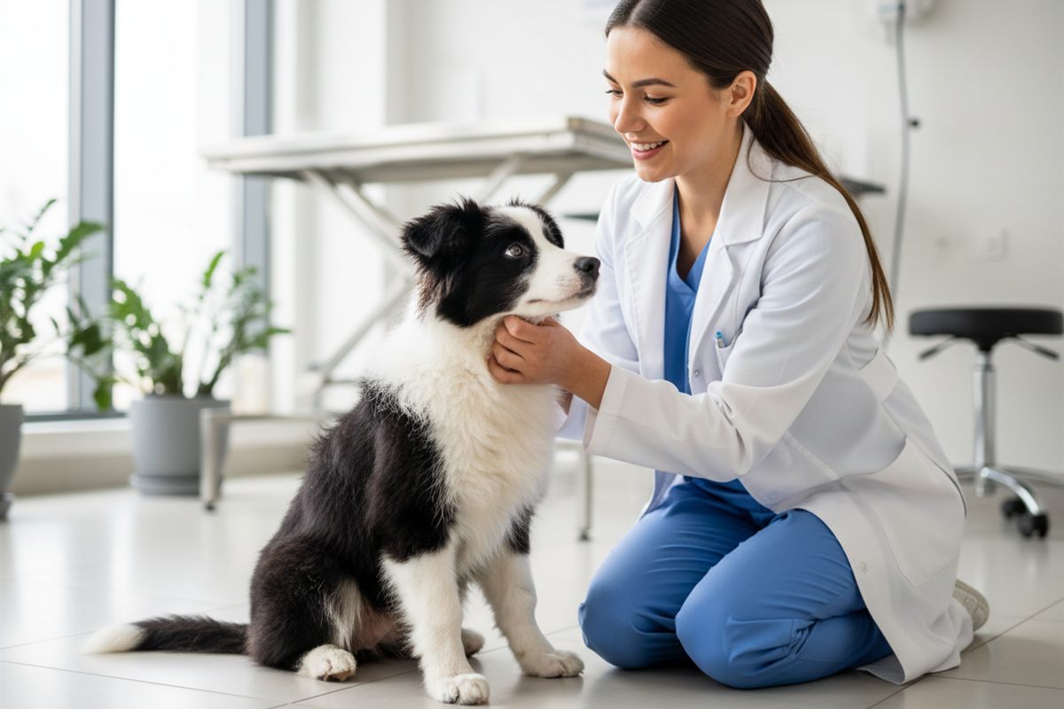 Border collie puppy being gently examined by a veterinarian on a clinic floor