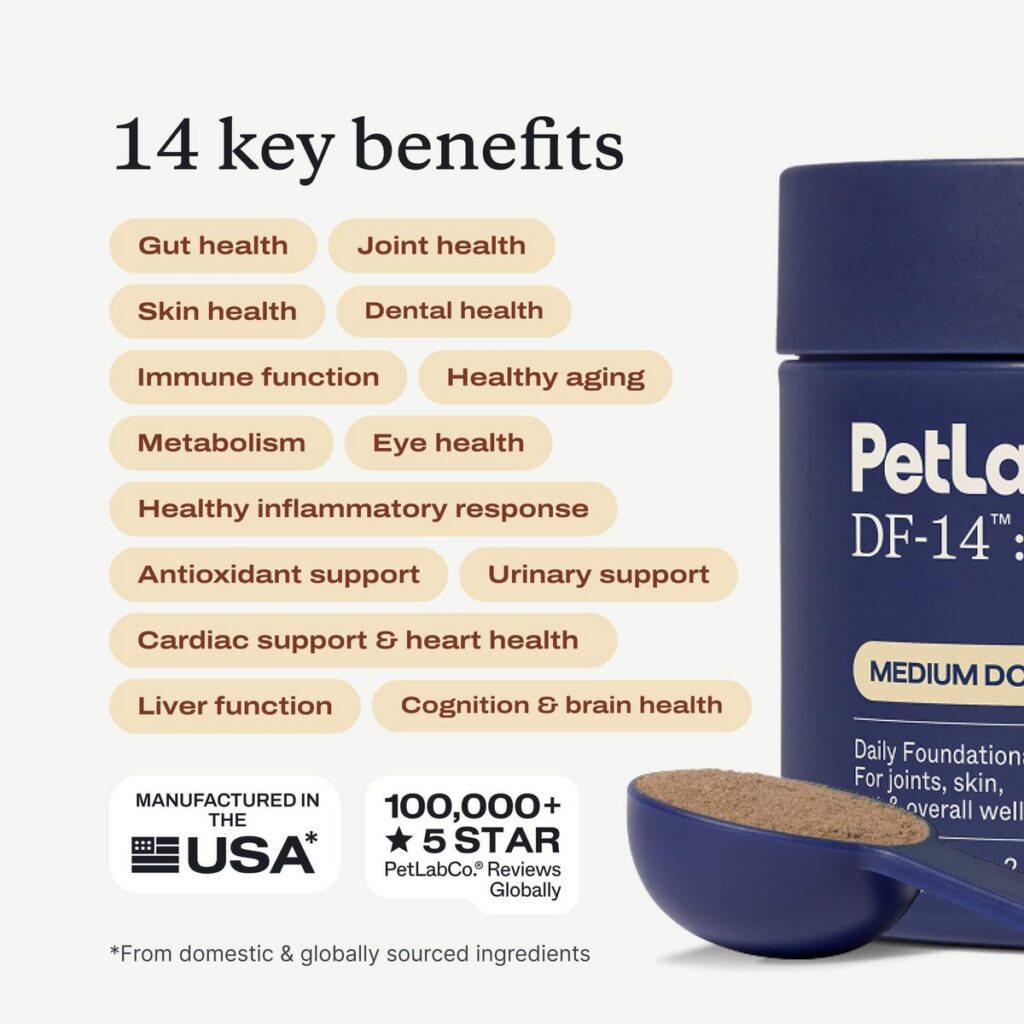 PetLabCo. DF-14 Daily Foundation graphic listing its 14 key benefits