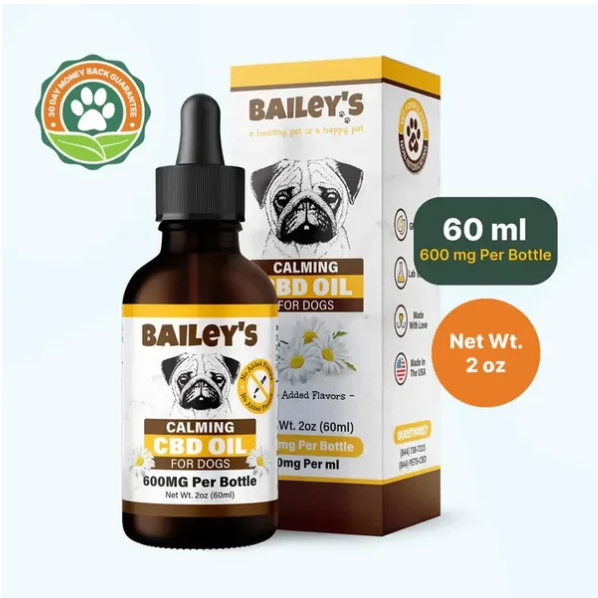 Bailey's Calming CBD Oil for Dogs, 600 mg bottle and box