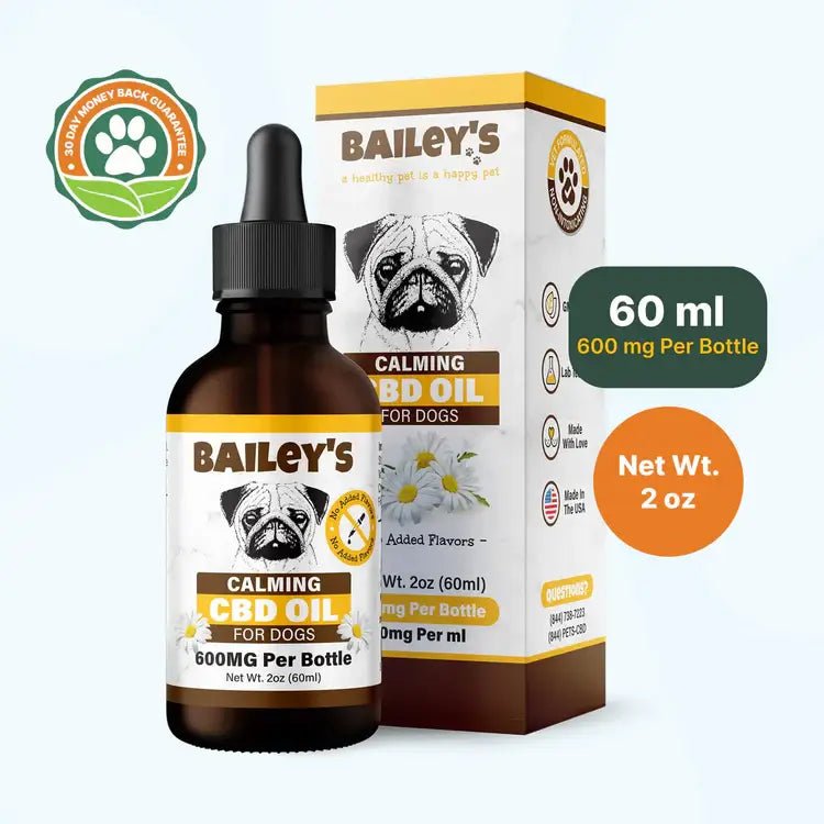 Bailey's Calming CBD Oil for Dogs, 600 mg bottle with its box, 60 ml