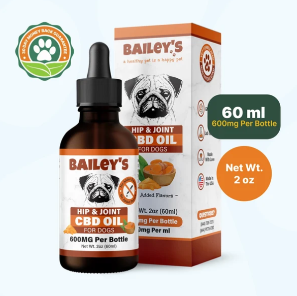 Bailey's Hip & Joint CBD Oil for Dogs, 600 mg bottle and box