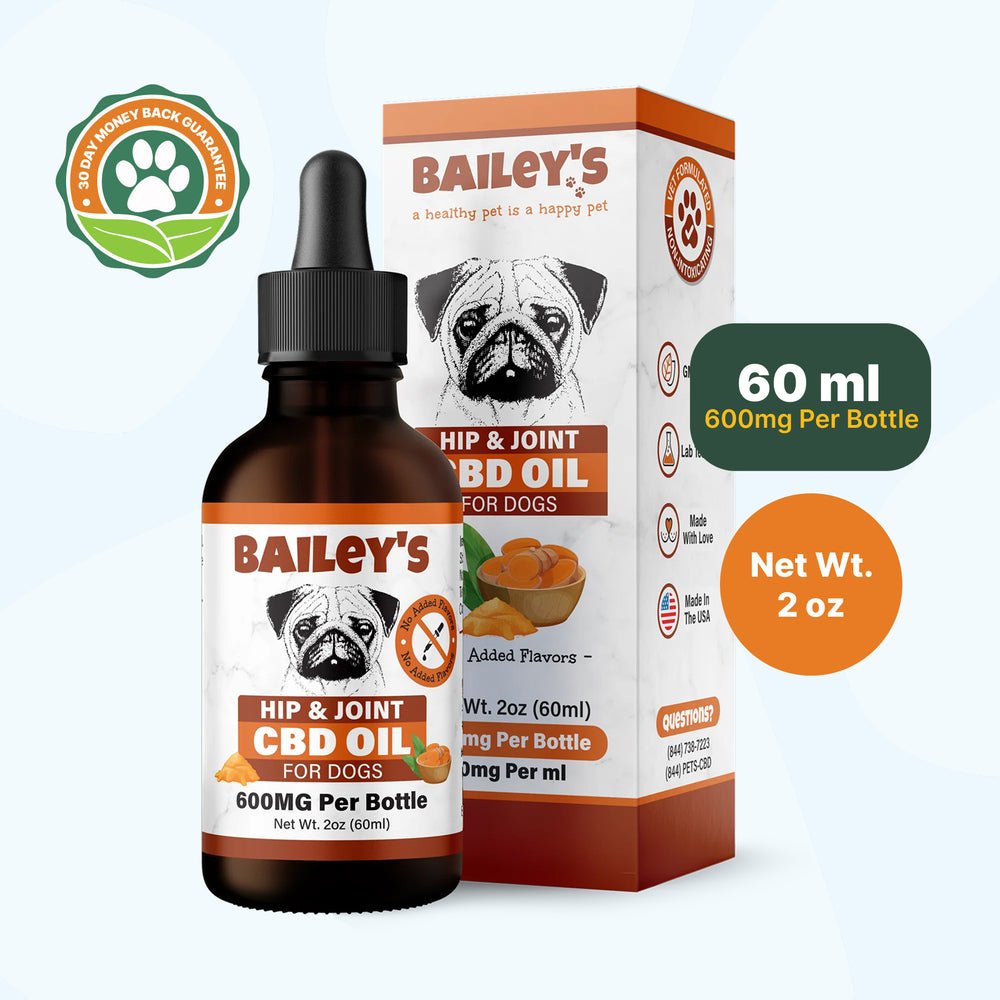 Bailey's Hip & Joint CBD Oil for Dogs, 600 mg bottle with its box, 60 ml