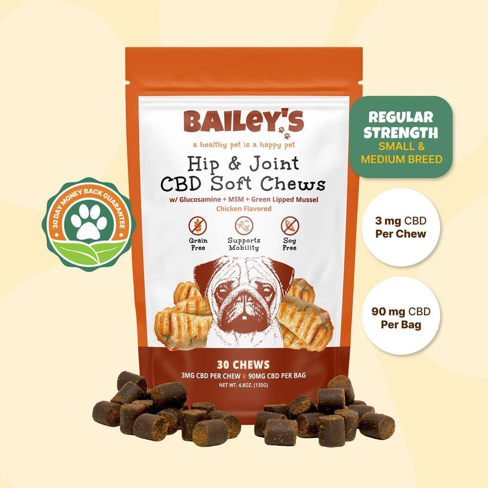 Bag of Bailey's Hip & Joint CBD Soft Chews, regular strength, 3 mg CBD per chew, with soft chews in front