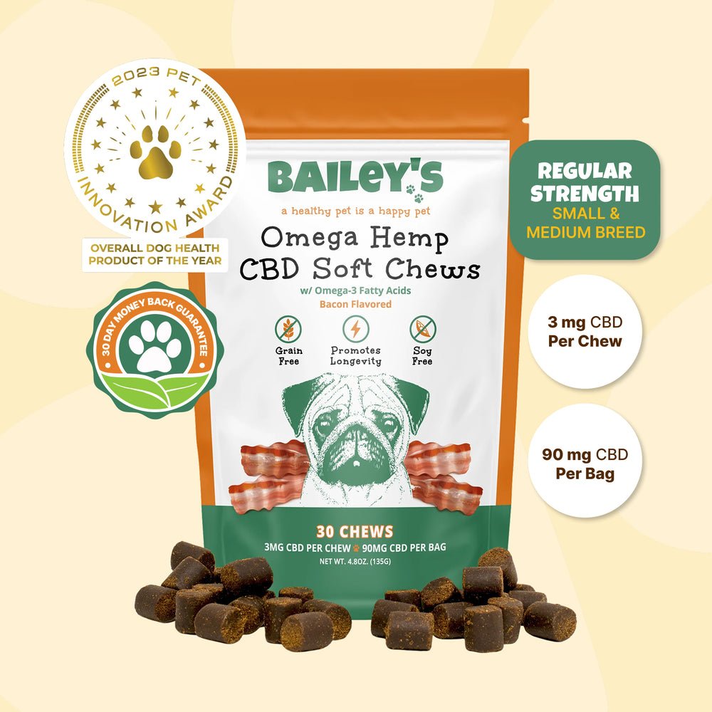 Bag of Bailey's Omega Hemp CBD Soft Chews, regular strength, 3 mg CBD per chew, with soft chews in front