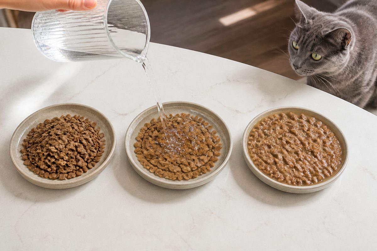 Dry cat food flakes changing as water is added and absorbed