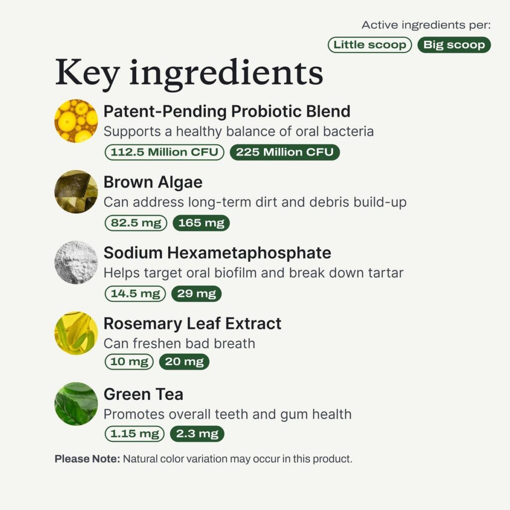 PetLabCo. ProBright Advanced key ingredients panel listing the probiotic blend, brown algae, sodium hexametaphosphate, rosemary leaf extract, and green tea