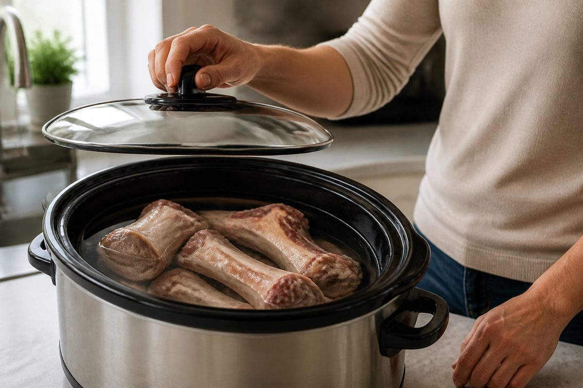 Bones covered with water in a slow cooker for dog-safe broth
