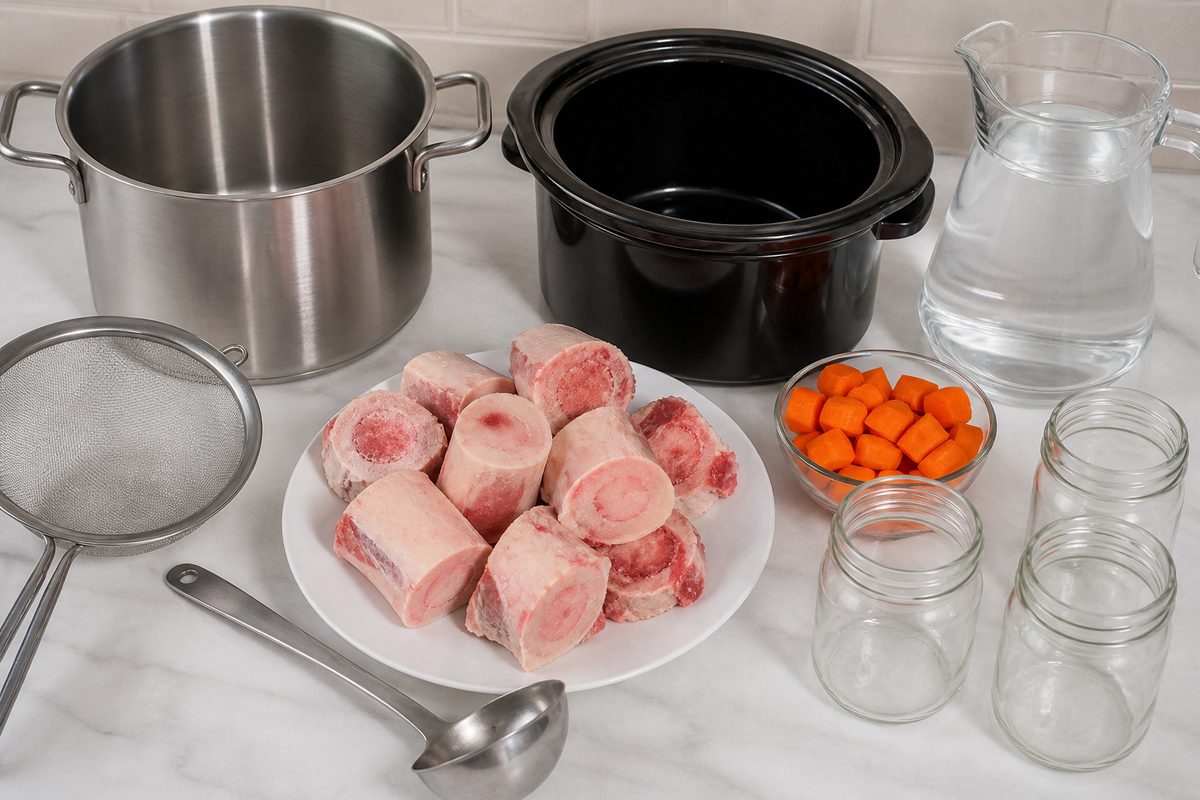 Stockpot, slow cooker, strainer, jars, marrow bones, water, and carrots for broth