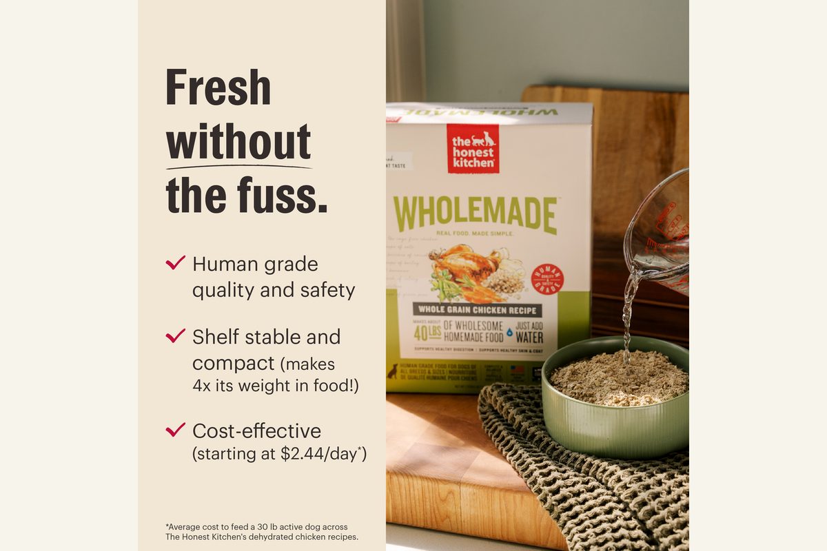 The Honest Kitchen Wholemade dehydrated dog food being prepared with water
