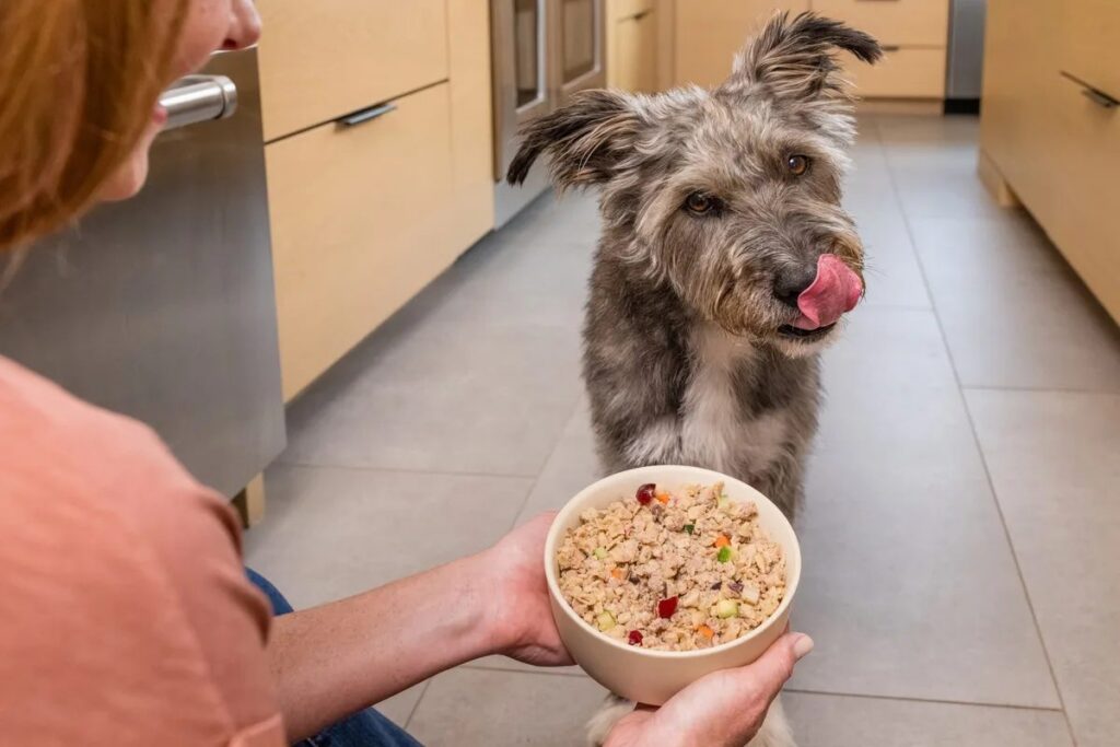 Shaggy terrier licking its lips beside a hand-held bowl of fresh food