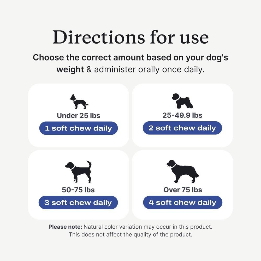 PetLabCo. Joint Care Chew Advanced directions for use showing daily soft chew count by dog weight