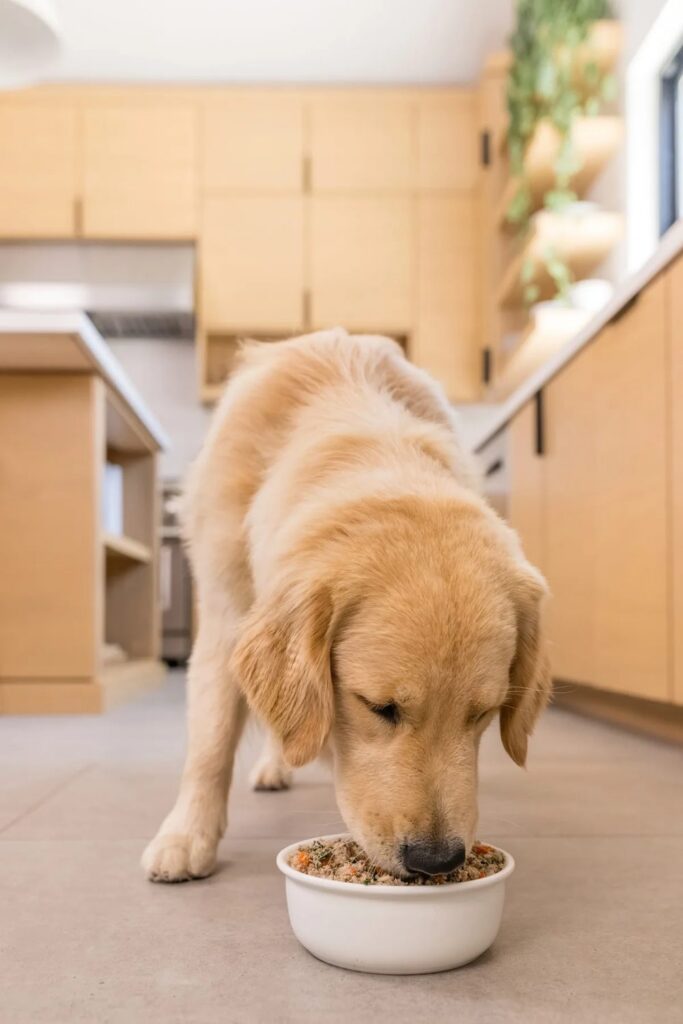 Golden retriever eating fresh food from a bowl in a kitchen