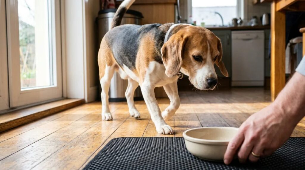 An adult Beagle approaches a bowl on a washable mat