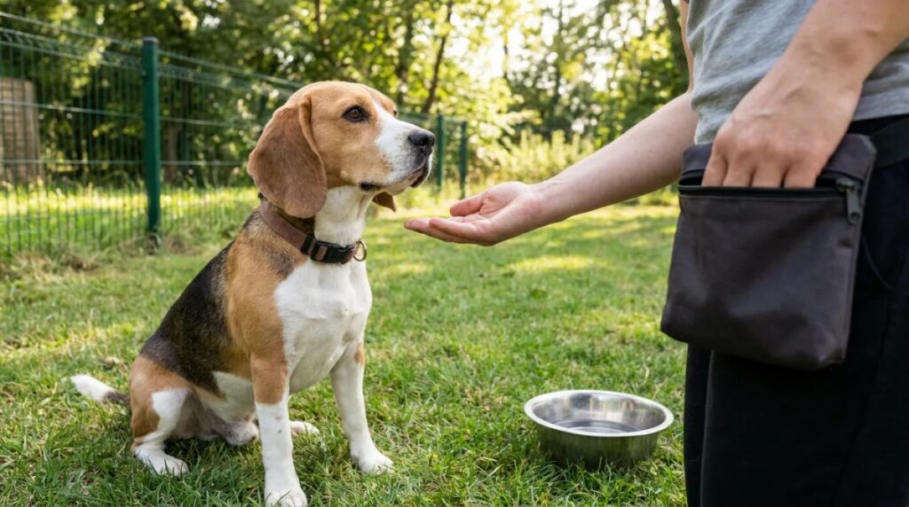A Beagle sits facing its owner’s open hand during a training session