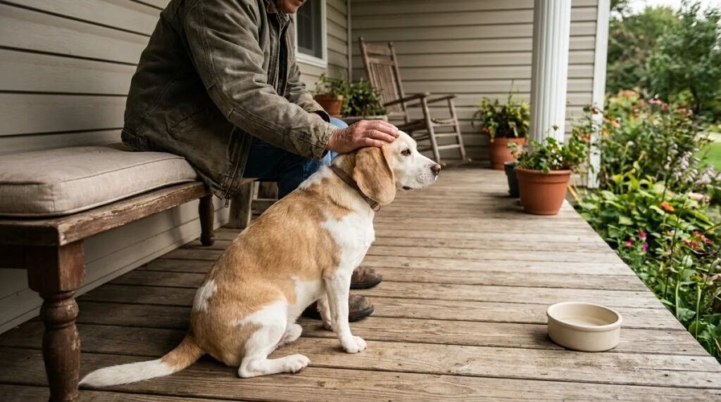 A lemon-and-white Beagle sits beside its owner on a porch